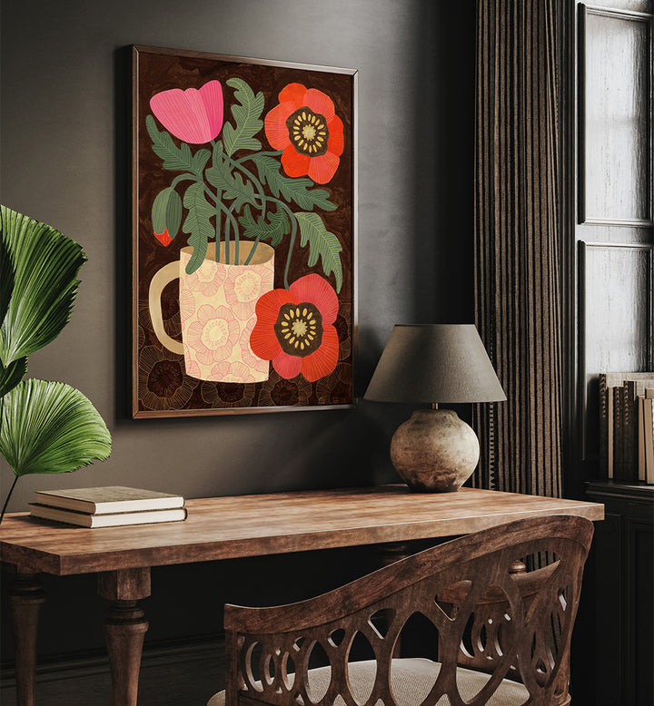 RED POPPIES IN A MUG , FLORAL FLOWER PAINTINGS
