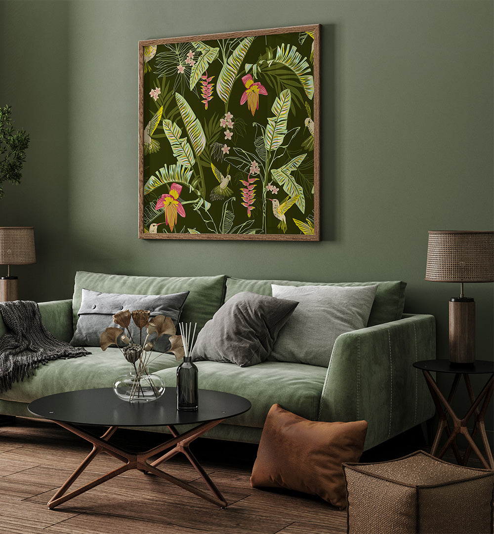 BANANA LEAVES AND HUMMINGBIRDS , FLORAL FLOWER PAINTINGS