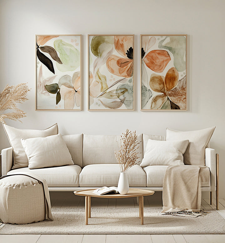 THE MUTED GARDEN , SET OF 3 PAINTINGS