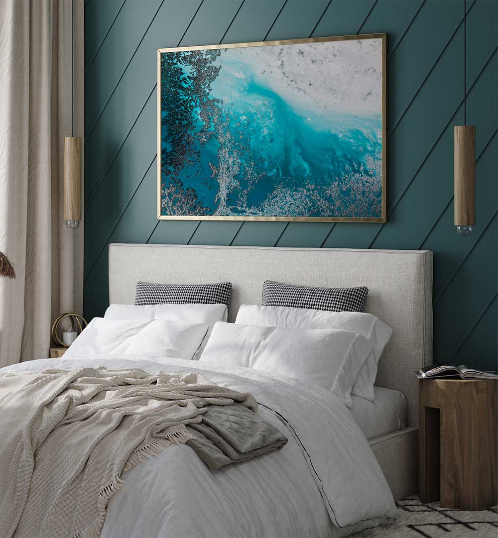 Transform your space with TURQUOISE WATERS, ABSTRACT PAINTINGS, showcasing vibrant hues in a modern setting.