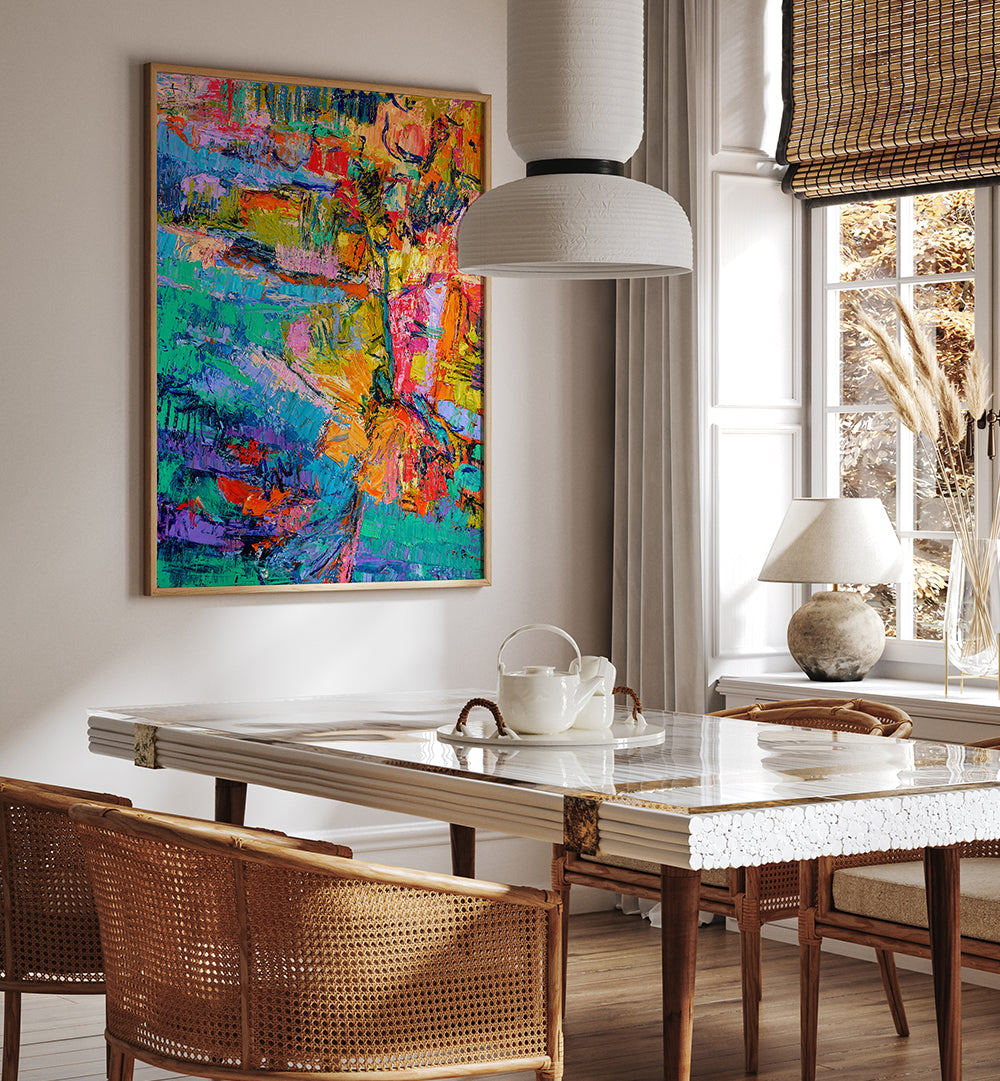 ABSTRACT COLOR PALETTE , ABSTRACT PAINTINGS vibrant textured canvas framed on dining room wall