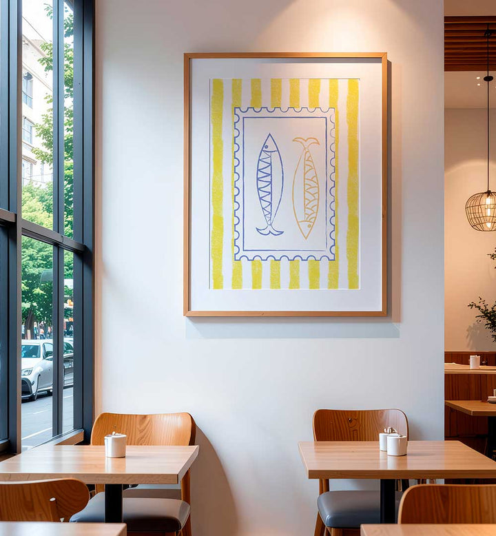 FISH STAMP ON YELLOW STRIPES , KITCHEN POSTERS