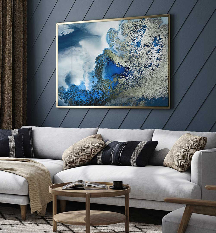 Vibrant BEACH HOUSE ART, ABSTRACT PAINTINGS enhancing a stylish living room with coastal serenity. Perfect for home decor.