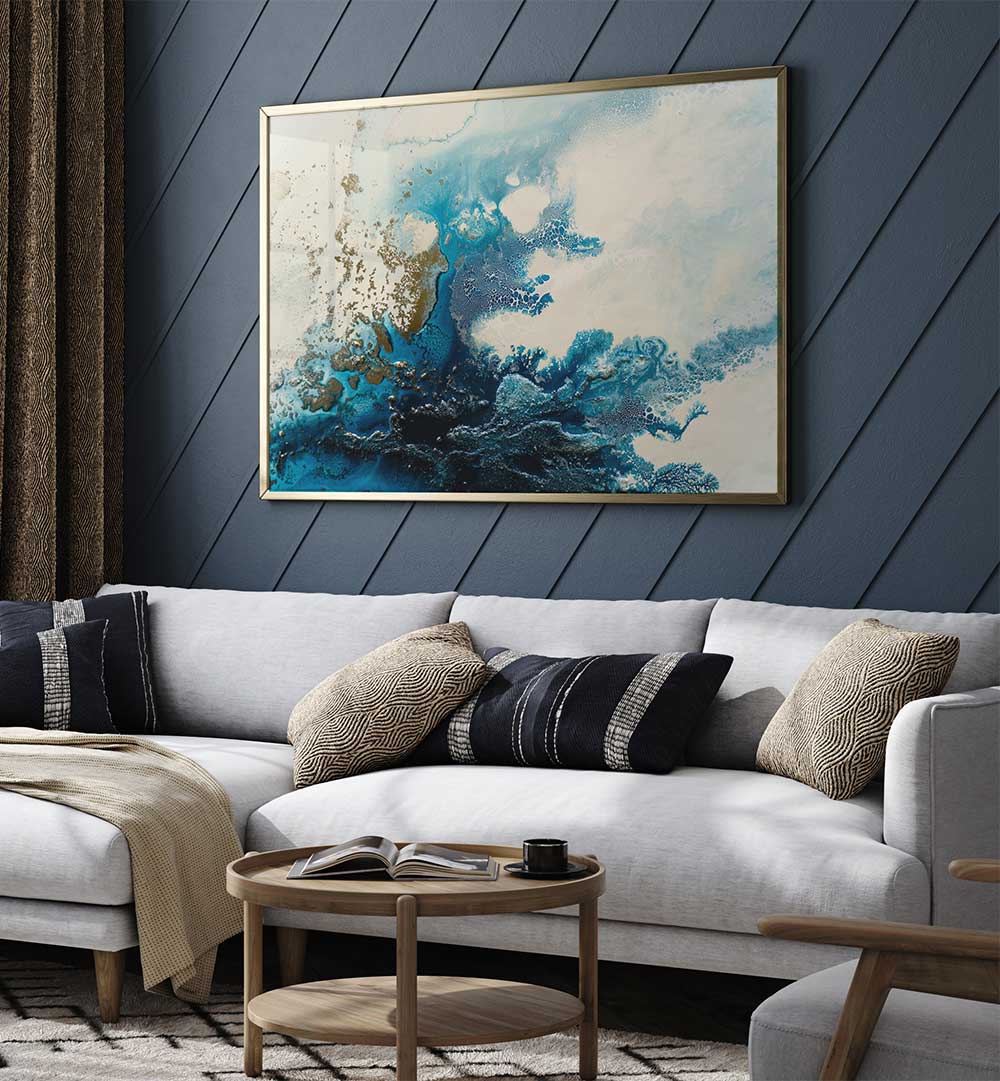 Stunning BLUE OCEAN ROYAL ESCAPE, ABSTRACT PAINTINGS, enhancing modern interiors with soothing blue tones.