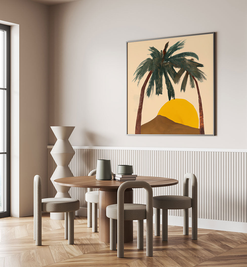 ARCHY PALMS, BEACH PAINTINGS with palm trees and sunset brightens modern dining area with coastal serenity vibe.