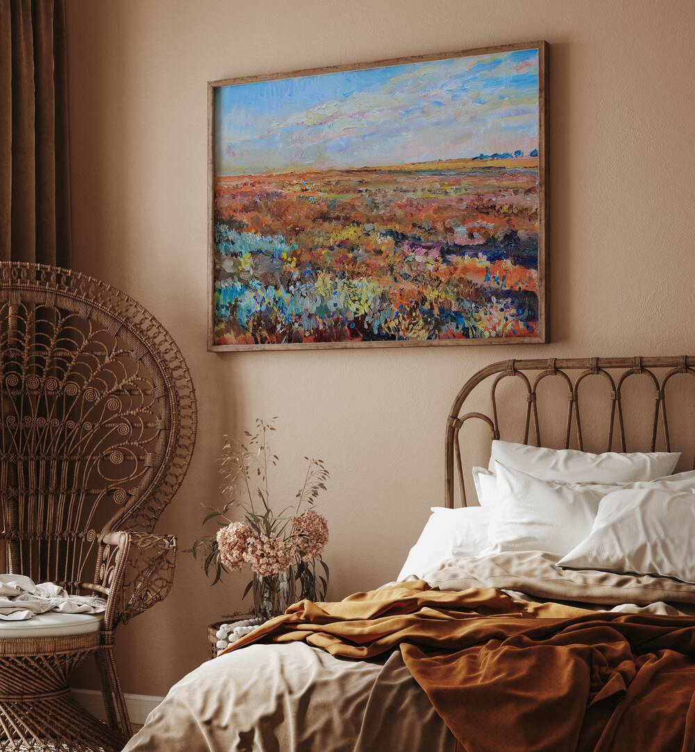 Vibrant autumn colors in "AUTUMN IN THE STEPPE II, LANDSCAPE PAINTINGS" enhance your space with natural beauty.