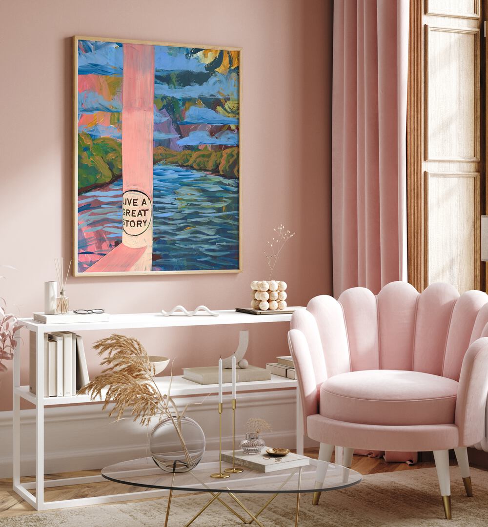 Vibrant interior featuring the AUSTIN LADY BIRD LAKE TRAIL TEXAS, LANDSCAPE PAINTINGS by Eleanor Baker.