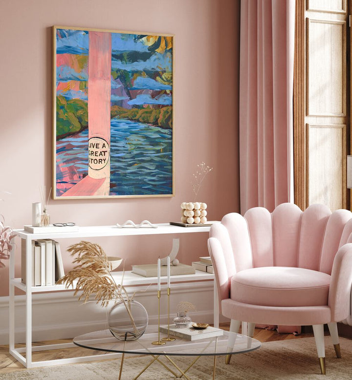 Vibrant interior featuring the AUSTIN LADY BIRD LAKE TRAIL TEXAS, LANDSCAPE PAINTINGS by Eleanor Baker.