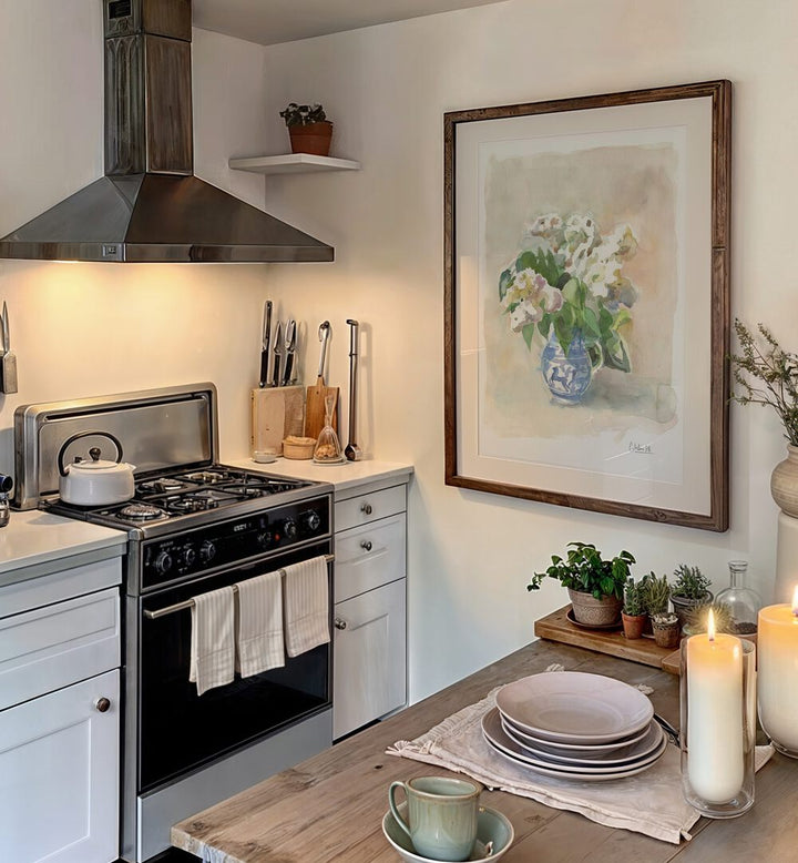 Beautiful WHITE LILACS IN A VASE, FLORAL FLOWER PAINTINGS enhance any kitchen with elegance and charm.