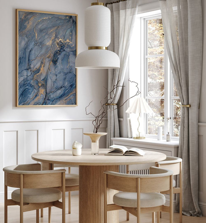Elegant DELICATE BLUE, ABSTRACT PAINTINGS enhance a stylish dining space with a modern aesthetic and soothing colors.