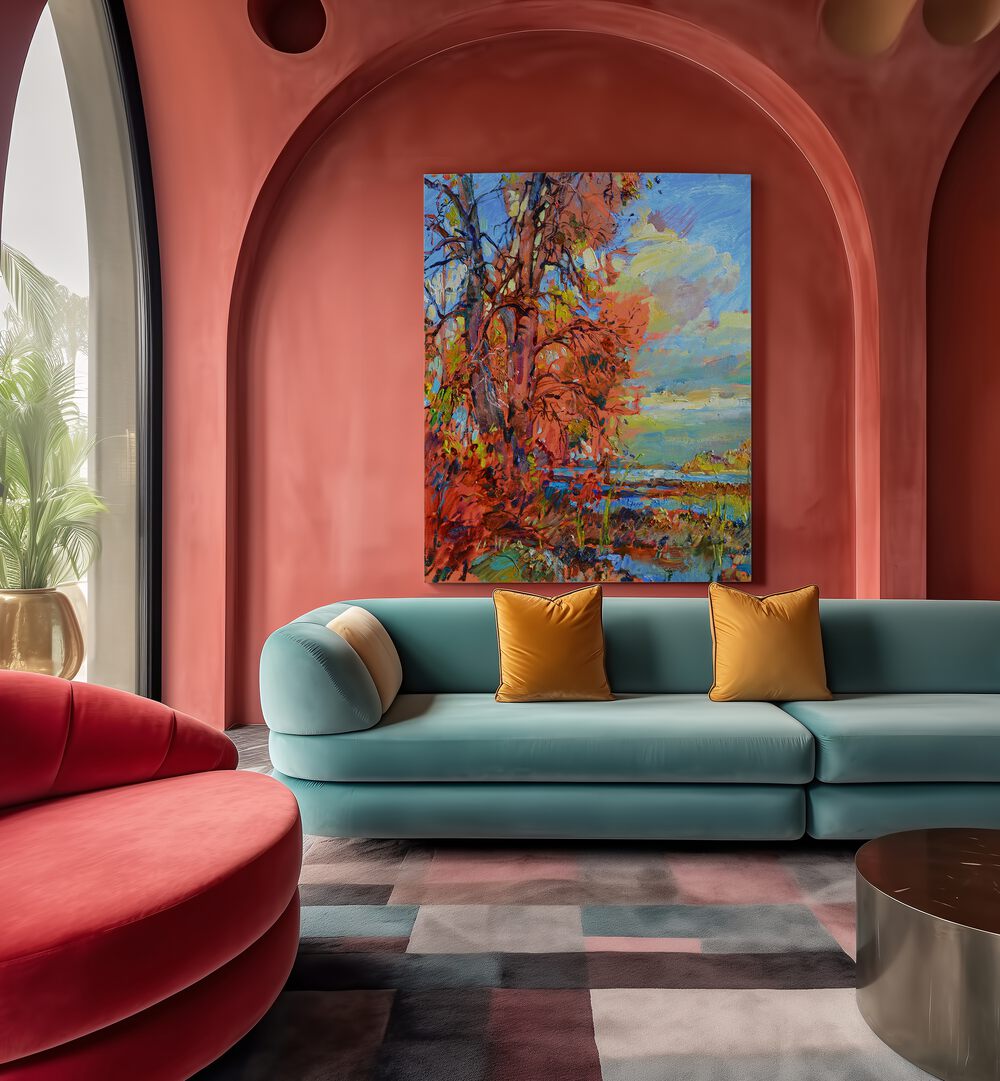 Vibrant AUTUMN, LANDSCAPE PAINTINGS adorn a stylish living room, capturing the essence of fall's rich colors.