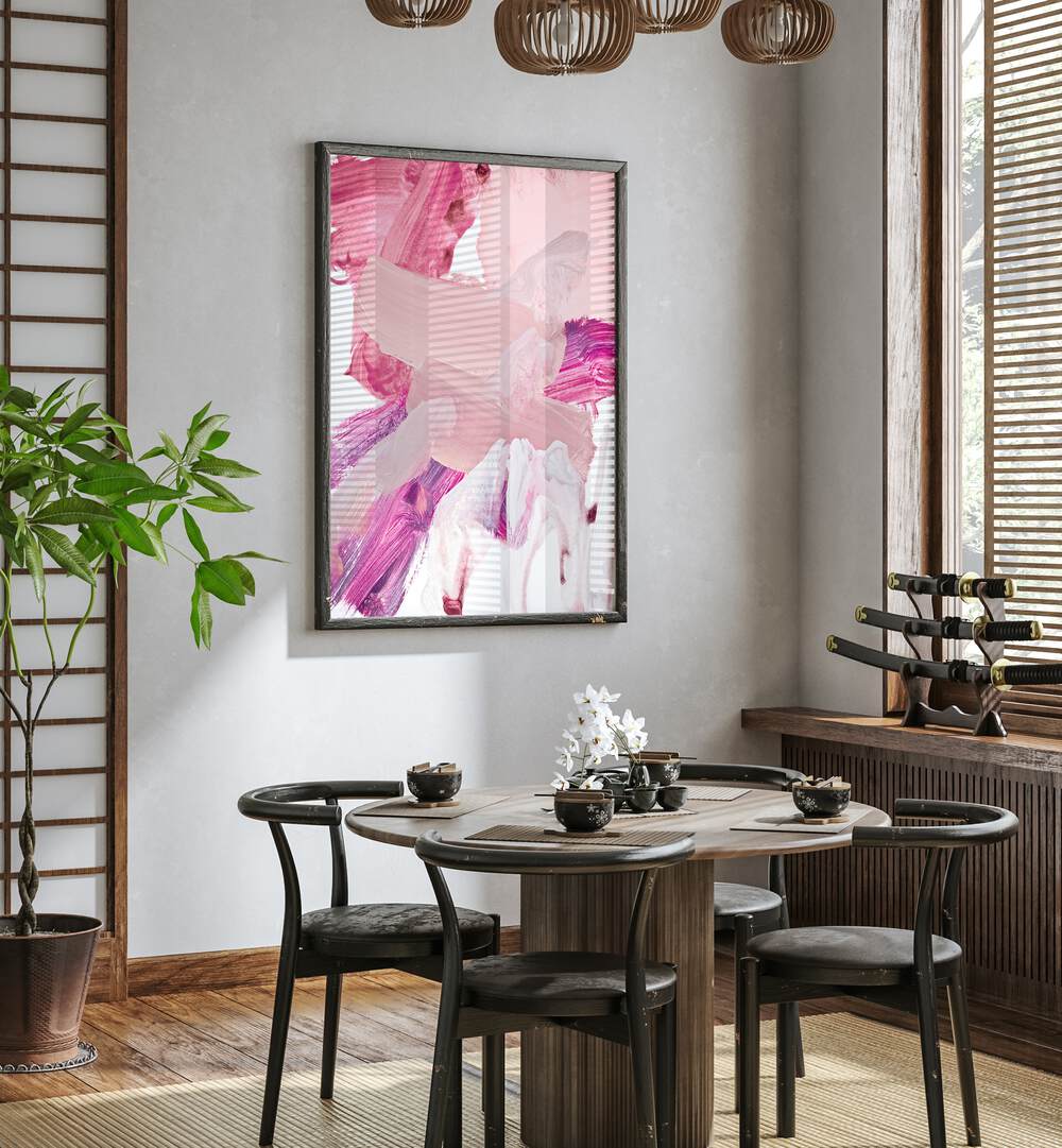 Vibrant ALLA PRIMA PINK SHADES, ABSTRACT PAINTINGS enhance a stylish dining area, inspiring creativity and elegance.