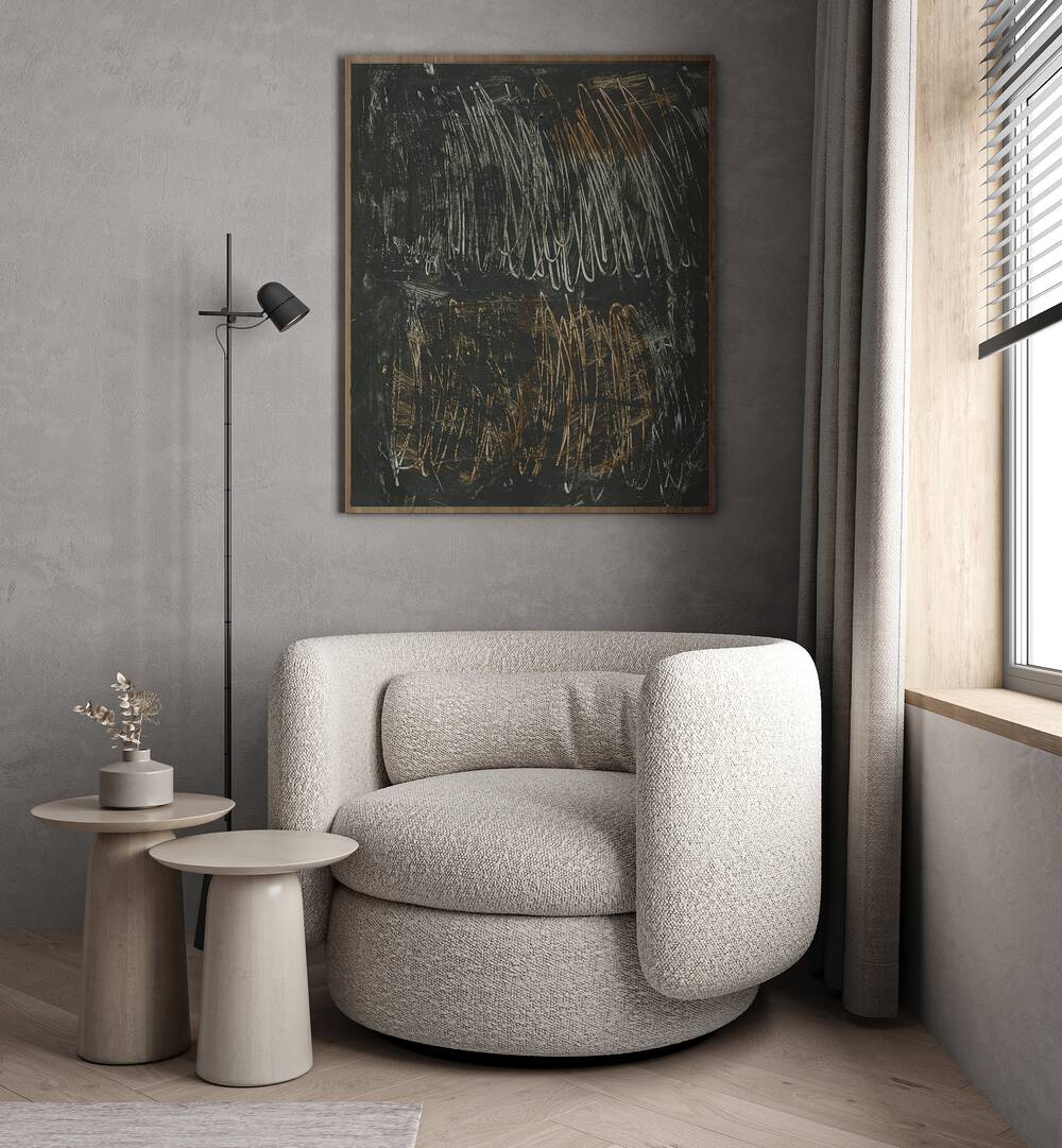 Stylish living room featuring LINES AND SCRIBBLE, ABSTRACT PAINTINGS, enhancing modern decor with vibrant art.