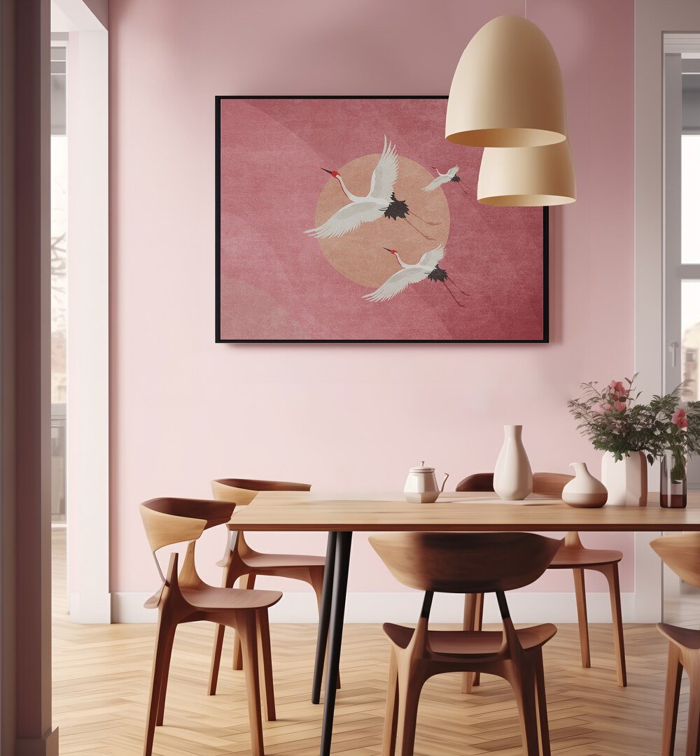 Elegant CRANE, ANIMAL PAINTINGS showcasing flying cranes on a pink backdrop, perfect for enhancing any decor.