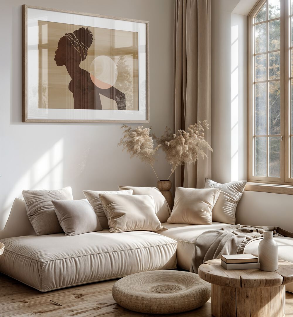 Captivating ANGOLAN MOON, AFRICAN ART PAINTINGS adorn a stylish living room, enhancing the night sky's magic.