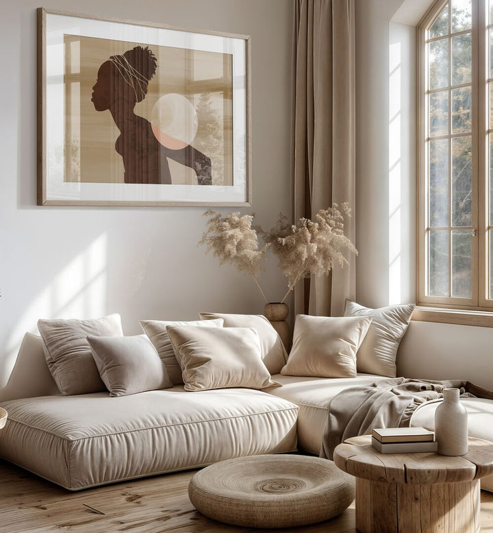 Captivating ANGOLAN MOON, AFRICAN ART PAINTINGS adorn a stylish living room, enhancing the night sky's magic.