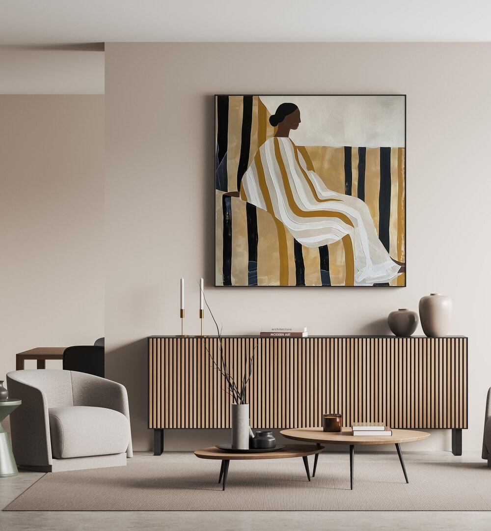 LADY IN STRIPES, PORTRAITS artwork displayed in a chic living room, enhancing modern decor with elegance.