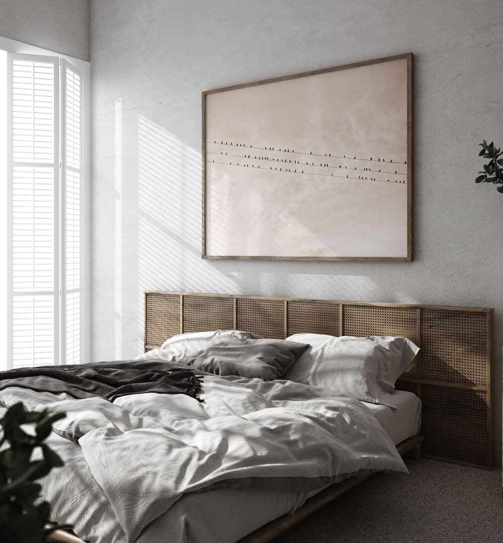 Stylish bedroom featuring the BIRDS ON A WIRE BEIGE, ANIMAL PAINTINGS, enhancing the calming decor with nature's beauty.