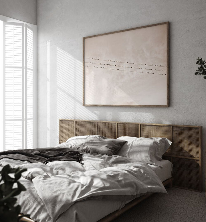 Stylish bedroom featuring the BIRDS ON A WIRE BEIGE, ANIMAL PAINTINGS, enhancing the calming decor with nature's beauty.