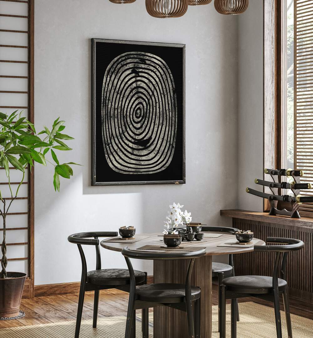 Stylish BLACK OASIS ABSTRACTION, GEOMETRIC ART PRINTS enhancing a modern dining space with bold, abstract design.