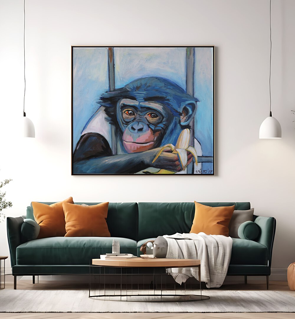 Colorful BANANA CONTEMPLATION II, COMIC POSTERS featuring a contemplative monkey, perfect for vibrant wall decor.