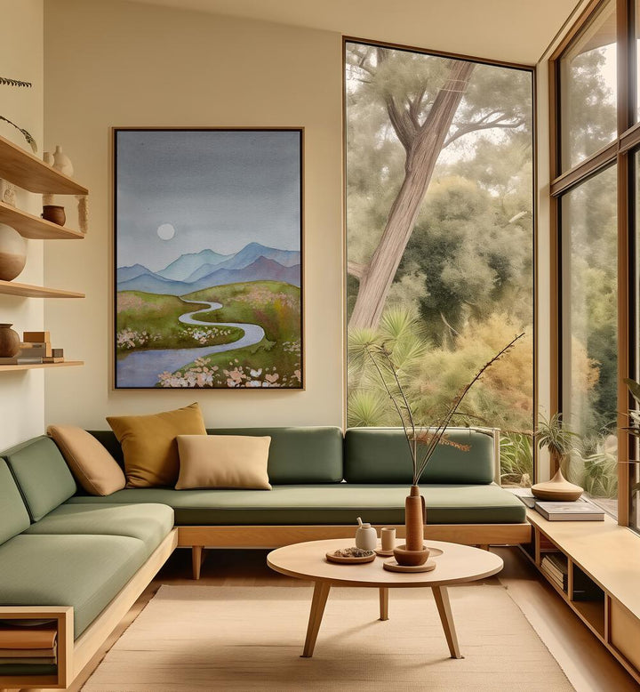 Serene living room featuring BLUE GRAY HILLS, LANDSCAPE PAINTINGS, enhancing modern home decor with natural beauty.