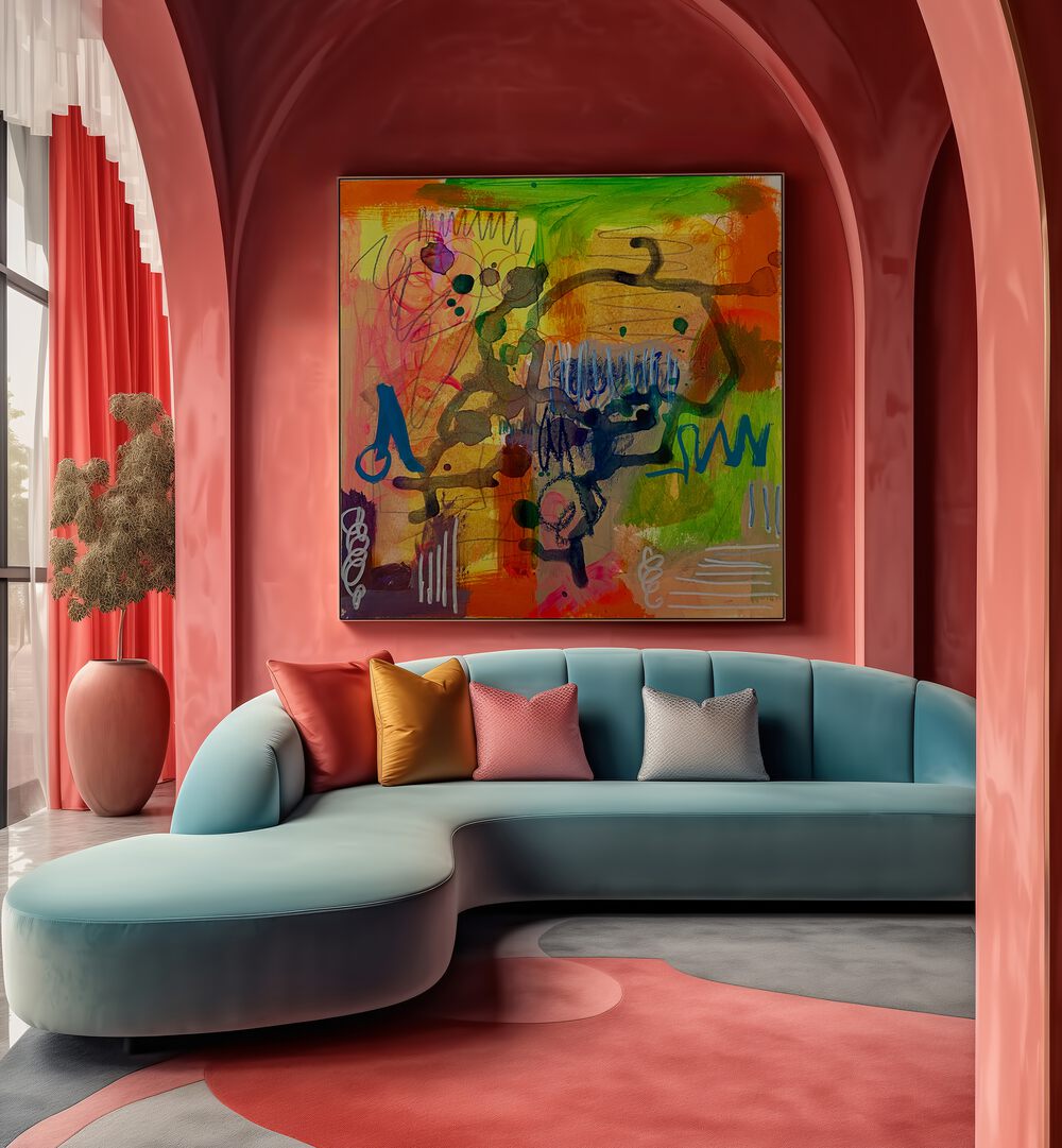 Captivating interior featuring DELIGHTFUL DIMENSIONS, ABSTRACT PAINTINGS, enhancing modern sophistication and creativity.