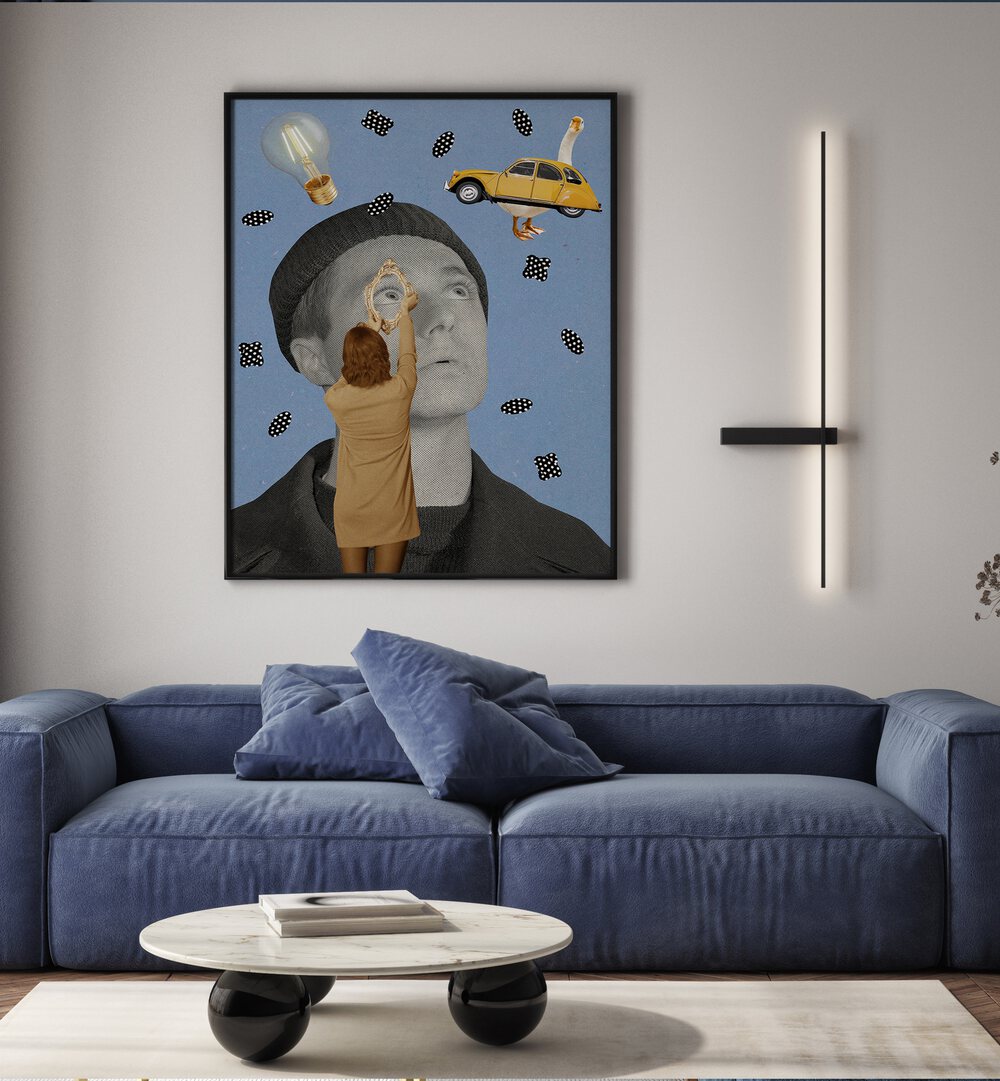 Surreal art print "PEOPLE IV" features whimsical elements, enhancing modern living spaces with unique flair.