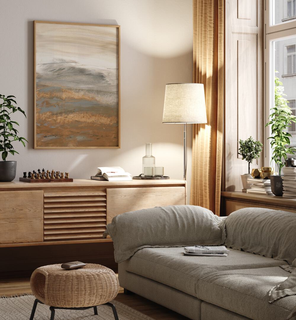 Stylish interior featuring DESERT LANDSCAPE, ABSTRACT PAINTINGS, enhancing the room's aesthetics with vivid colors.