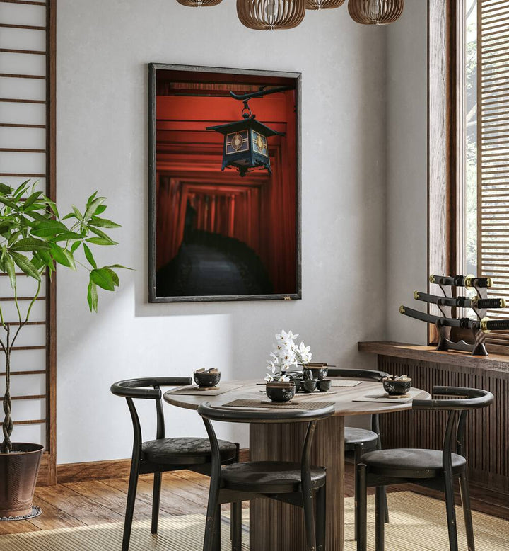 Elegant GOLDEN LANTERN, JAPANESE PAINTINGS enhancing a cozy dining space with warm, inviting glow. Perfect for any decor.