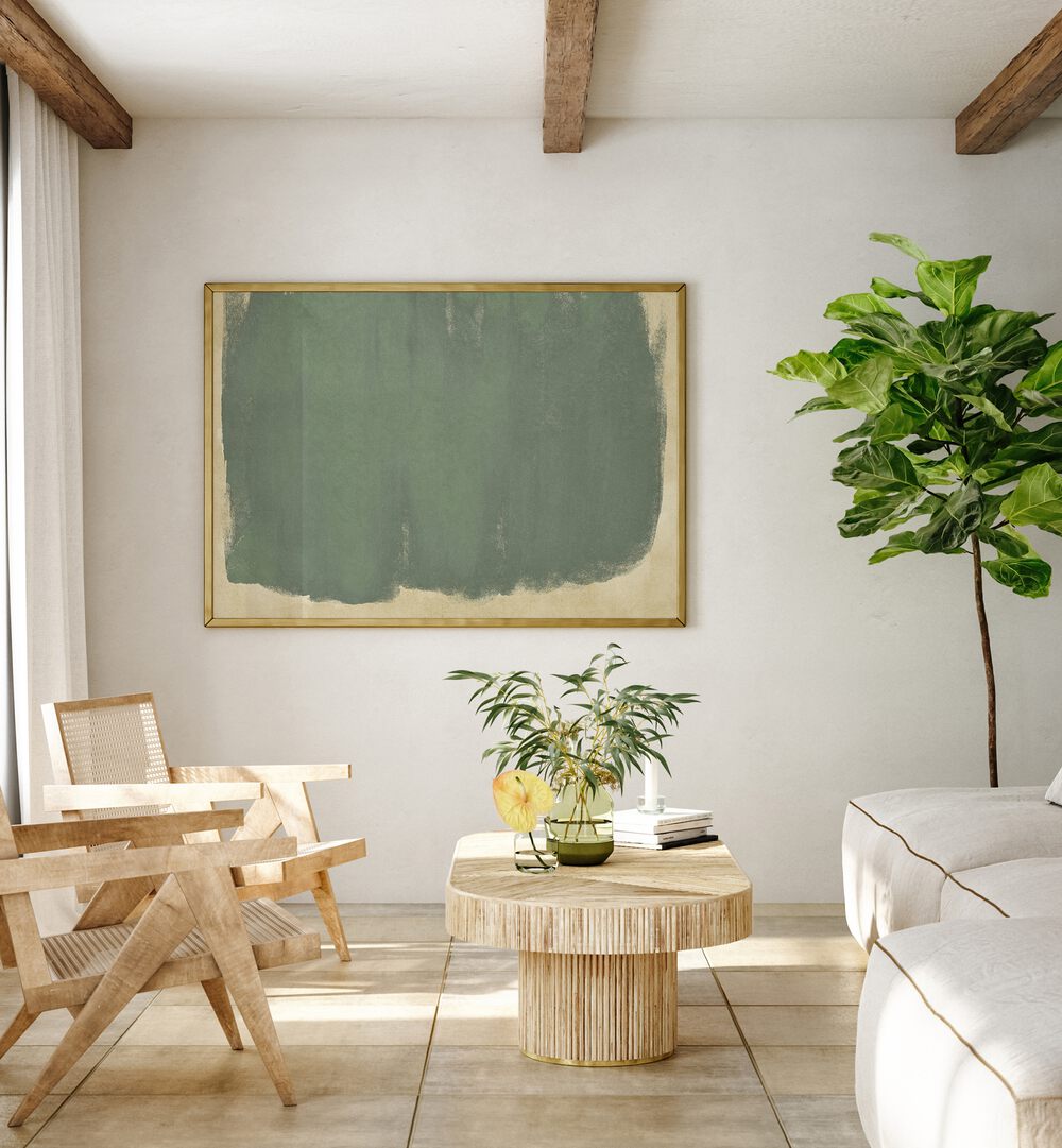 Stylish living room featuring MINIMAL ABSTRACT GREEN I, a standout among ABSTRACT PAINTINGS for modern elegance.