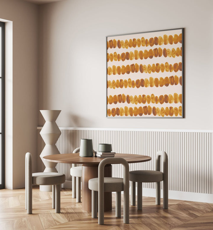 Stylish dining area featuring WATERCOLOUR TILE X, ABSTRACT PAINTINGS for a vibrant and creative atmosphere.