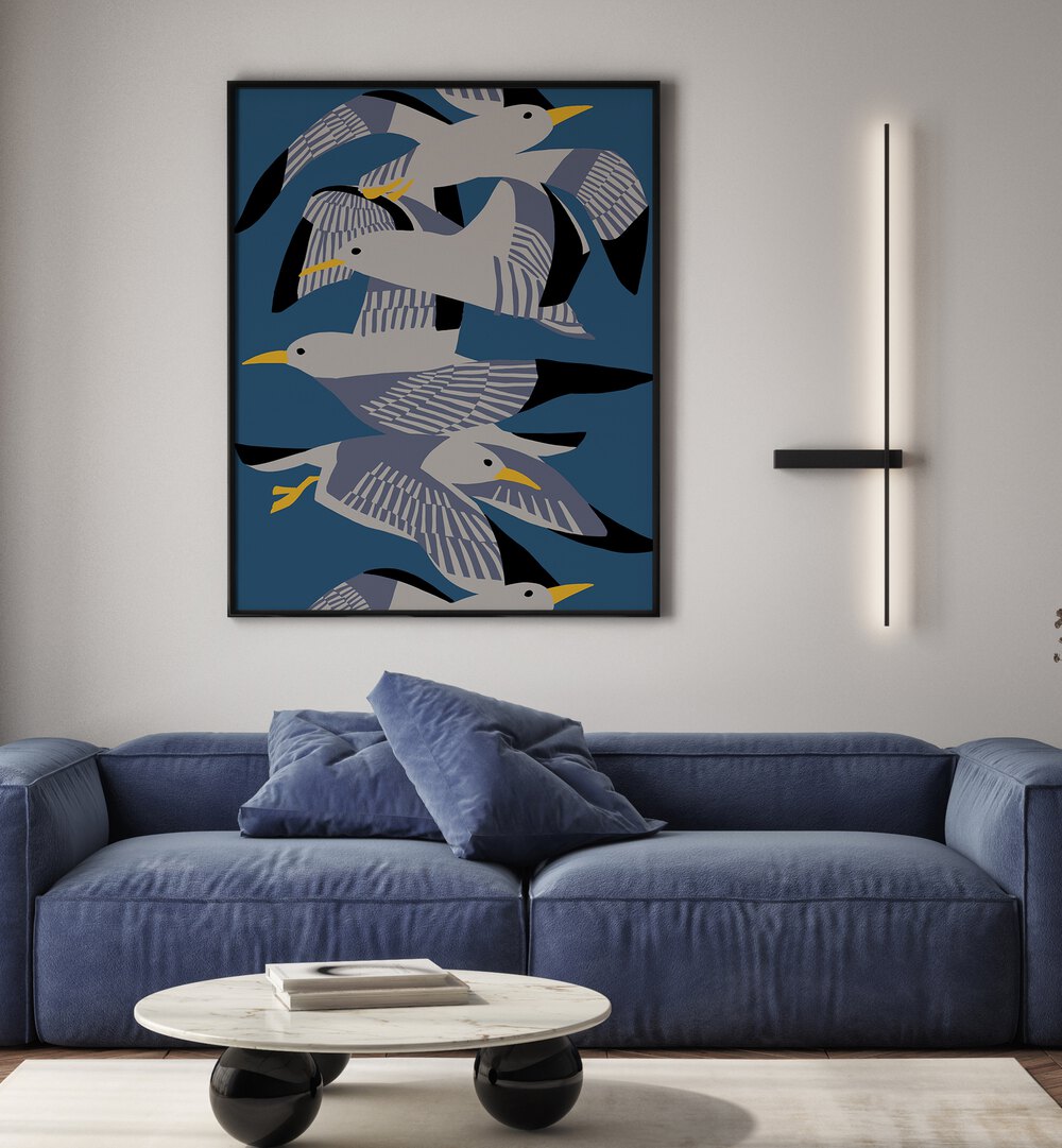 Elegant INDIGO SEAGULLS, ANIMAL PAINTINGS enhance your space with serene artistry and vibrant indigo hues.