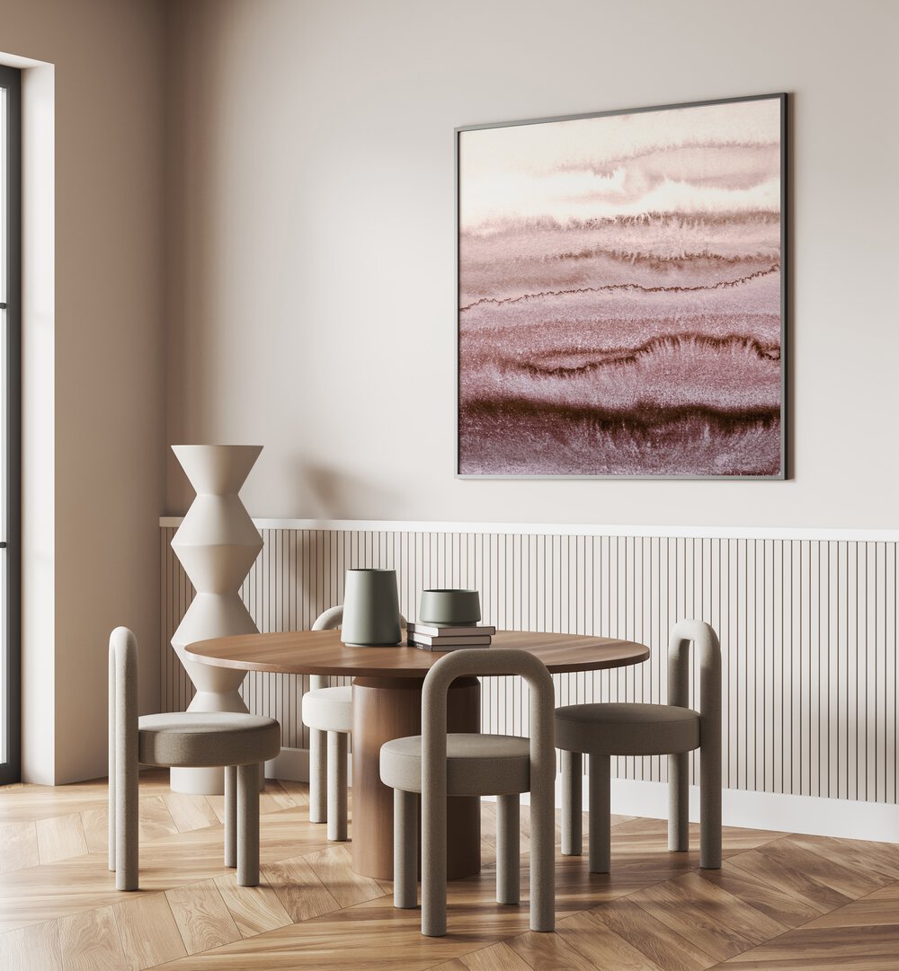 Stylish dining area featuring EARTHY WAVES WITH SERENE LANDSCAPE, ABSTRACT PAINTINGS for a serene touch.