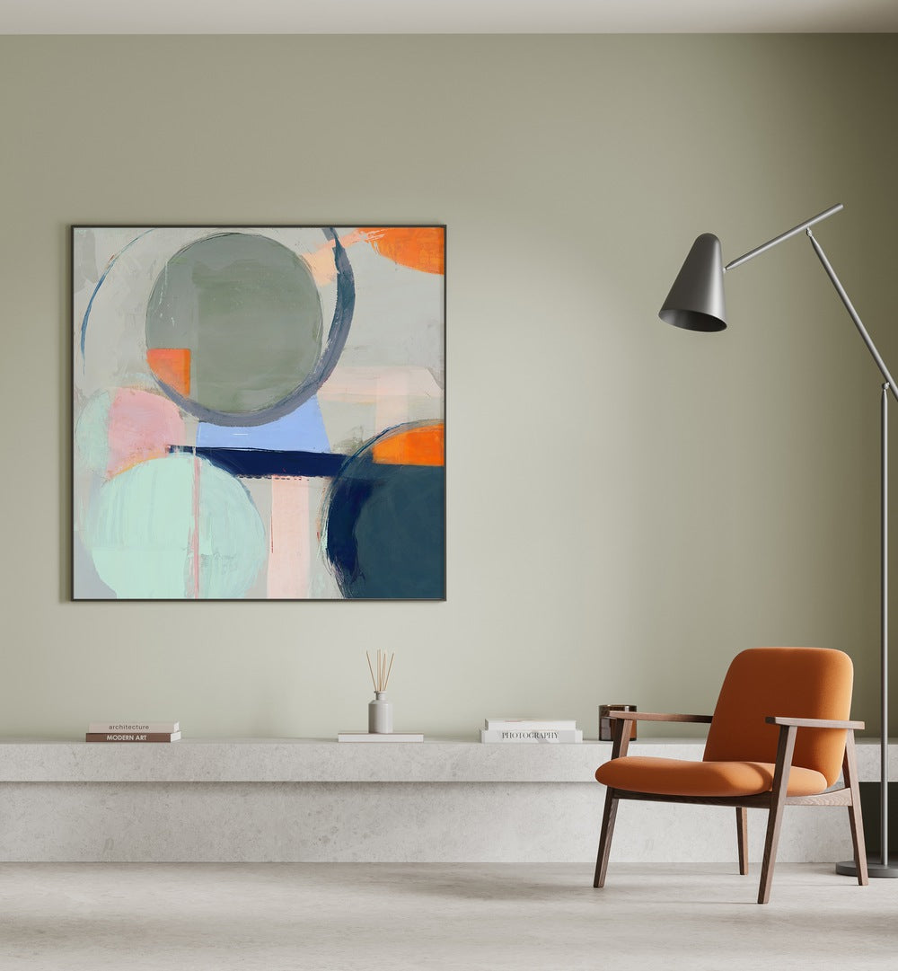 Stylish TURNAROUND, ABSTRACT PAINTINGS featured in a modern living space, enhancing organization and decor.
