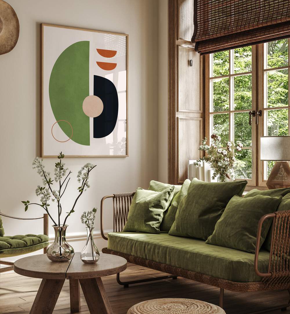 Stylish living room featuring the EXPRESSIVE IX, GEOMETRIC ART PRINTS, enhancing artistic expression and creativity.