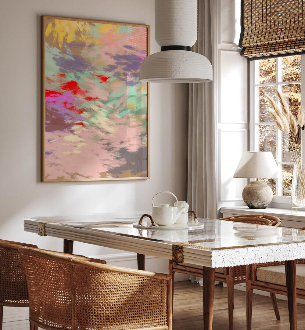 Vibrant LAZY SUMMER DAYS III, ABSTRACT PAINTINGS complement a serene dining space, perfect for relaxation and tranquility.