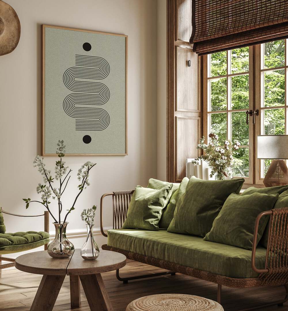 Stylish living room with MODERN BALANCE NO.II, GEOMETRIC ART PRINTS, adding contemporary flair and elegance.