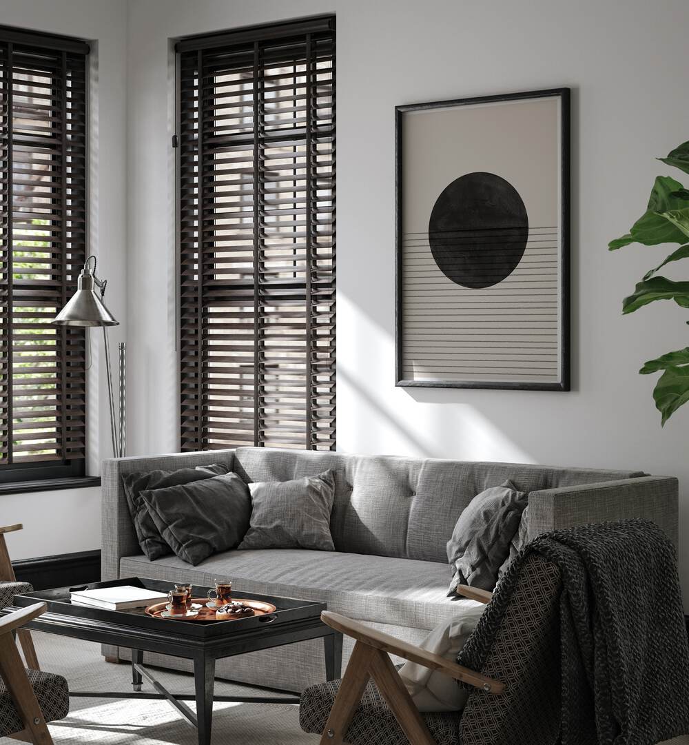 Stylish living room featuring BAB V, GEOMETRIC ART PRINTS by The Miuus Studio, enhancing modern home aesthetics.