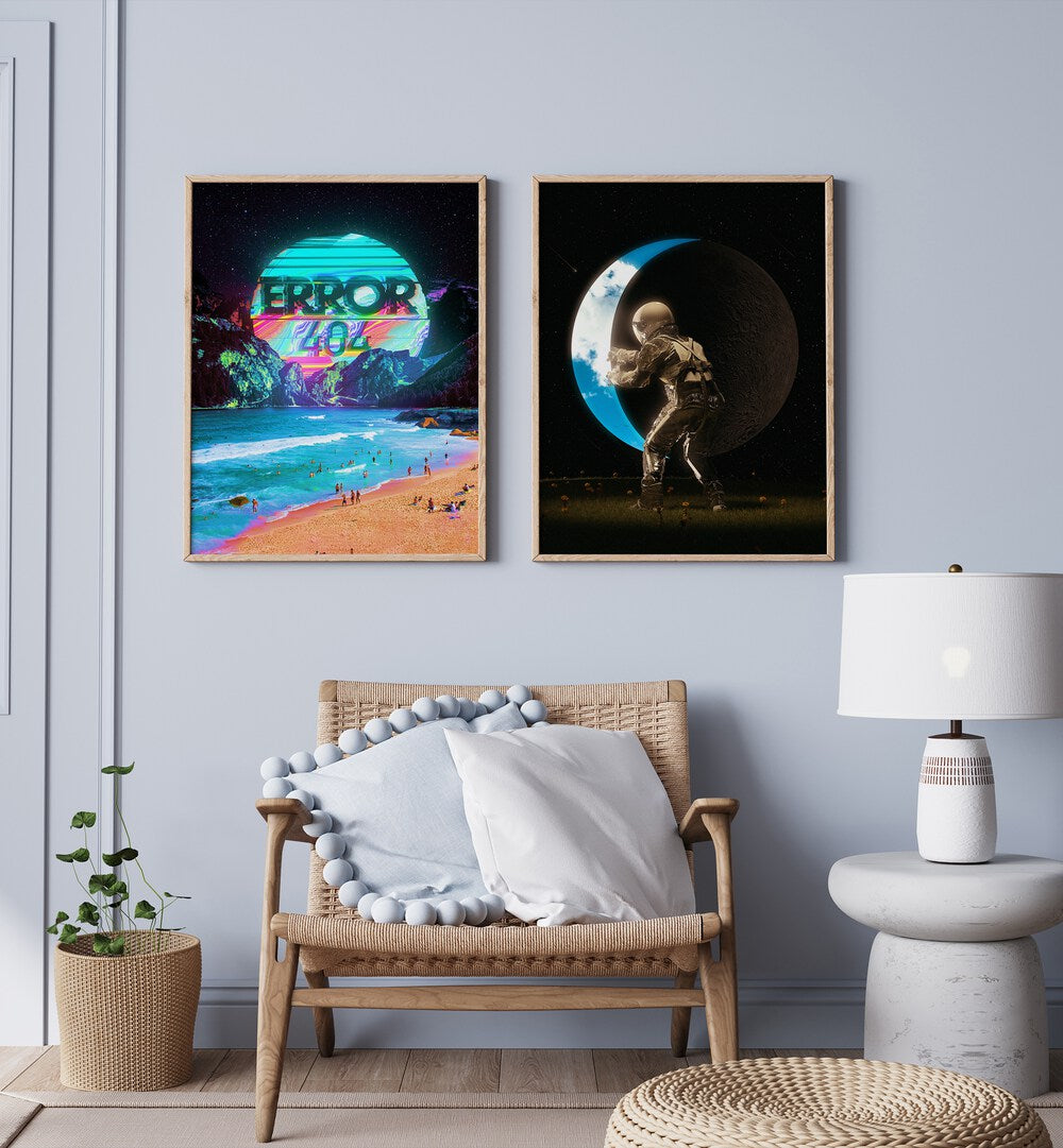 Colorful abstract art prints showcasing cosmic themes, part of the 404 TO THE MOON, SET OF 2 PAINTINGS collection.