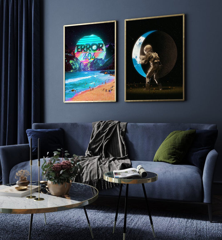Stylish living room featuring the 404 TO THE MOON, SET OF 2 PAINTINGS, capturing cosmic wonder and abstract art.