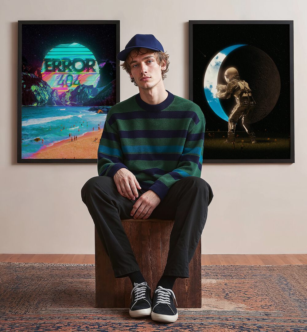 Stylish man poses with the 404 TO THE MOON, SET OF 2 PAINTINGS, capturing abstract cosmic art for modern decor.
