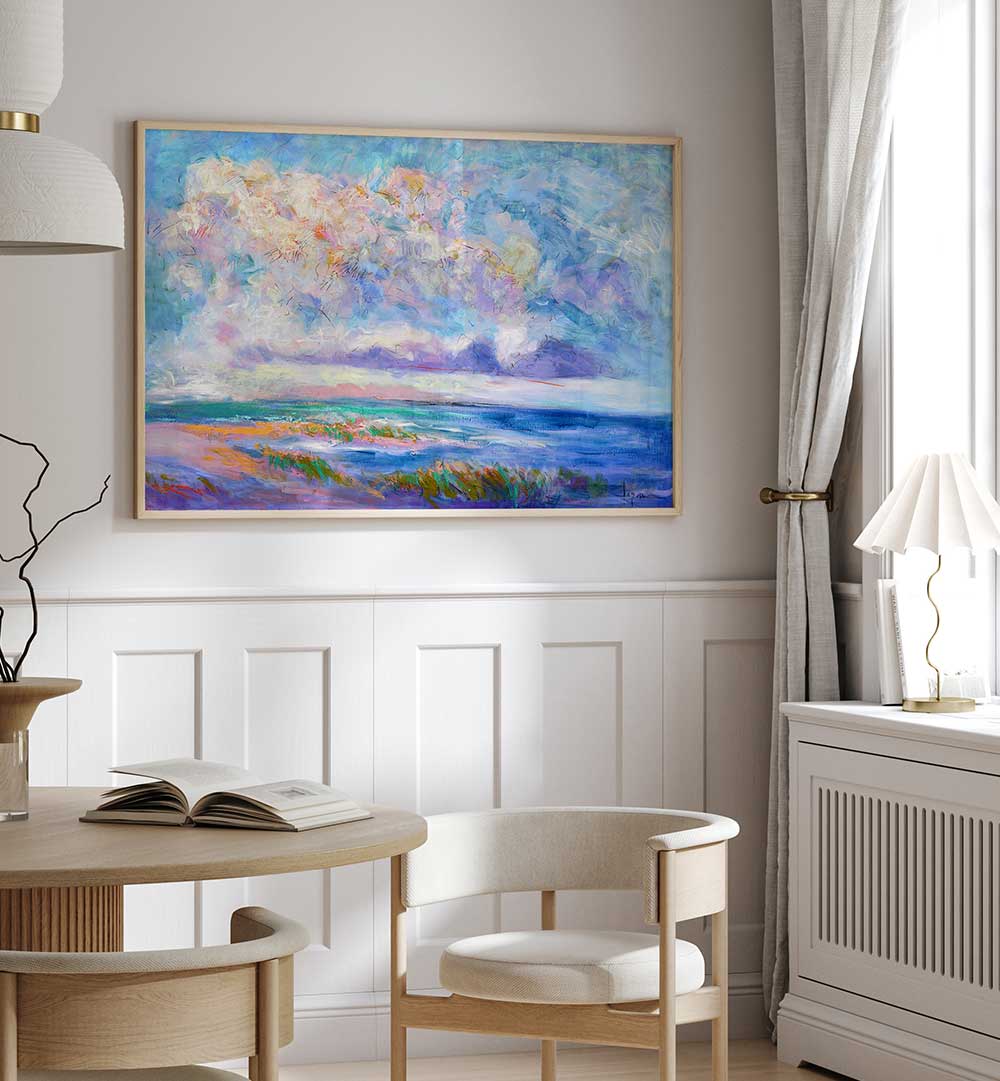 NATURE INSPIRED , LANDSCAPE PAINTINGS coastal watercolor canvas above dining table in airy neutral living room