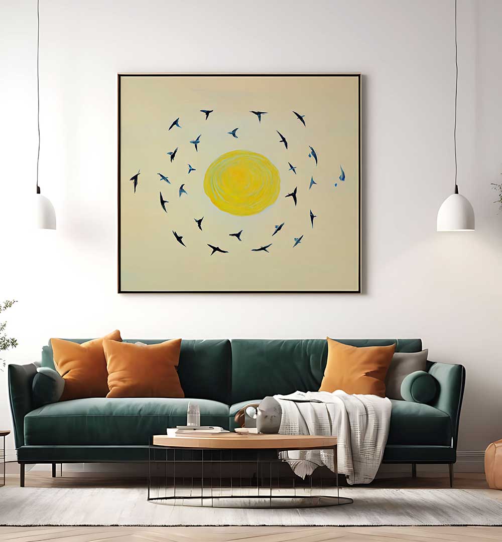 FLY AWAY WITH ME, KIDS ROOM PAINTINGS featuring birds flying around a yellow sun in a modern living space.