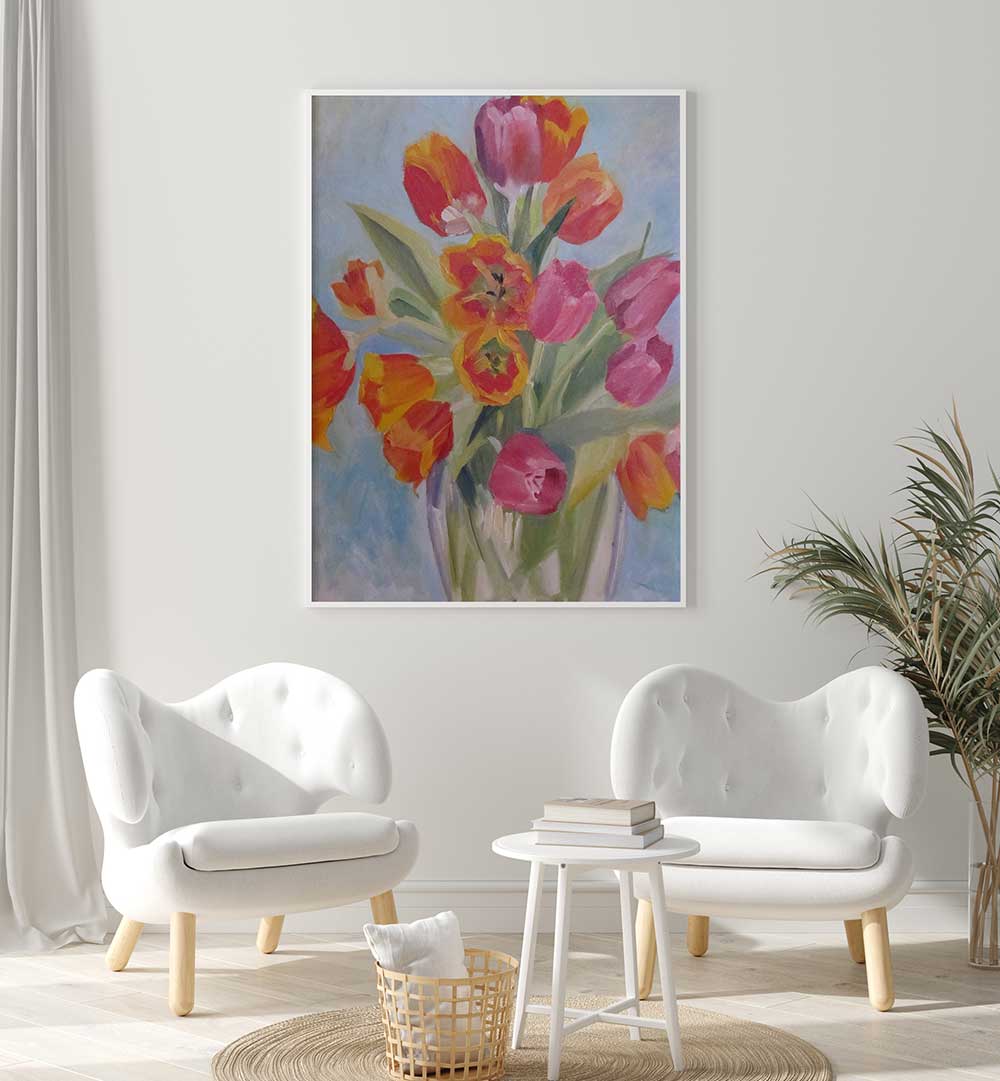 RED AND ORANGE TULIPS , FLORAL FLOWER PAINTINGS