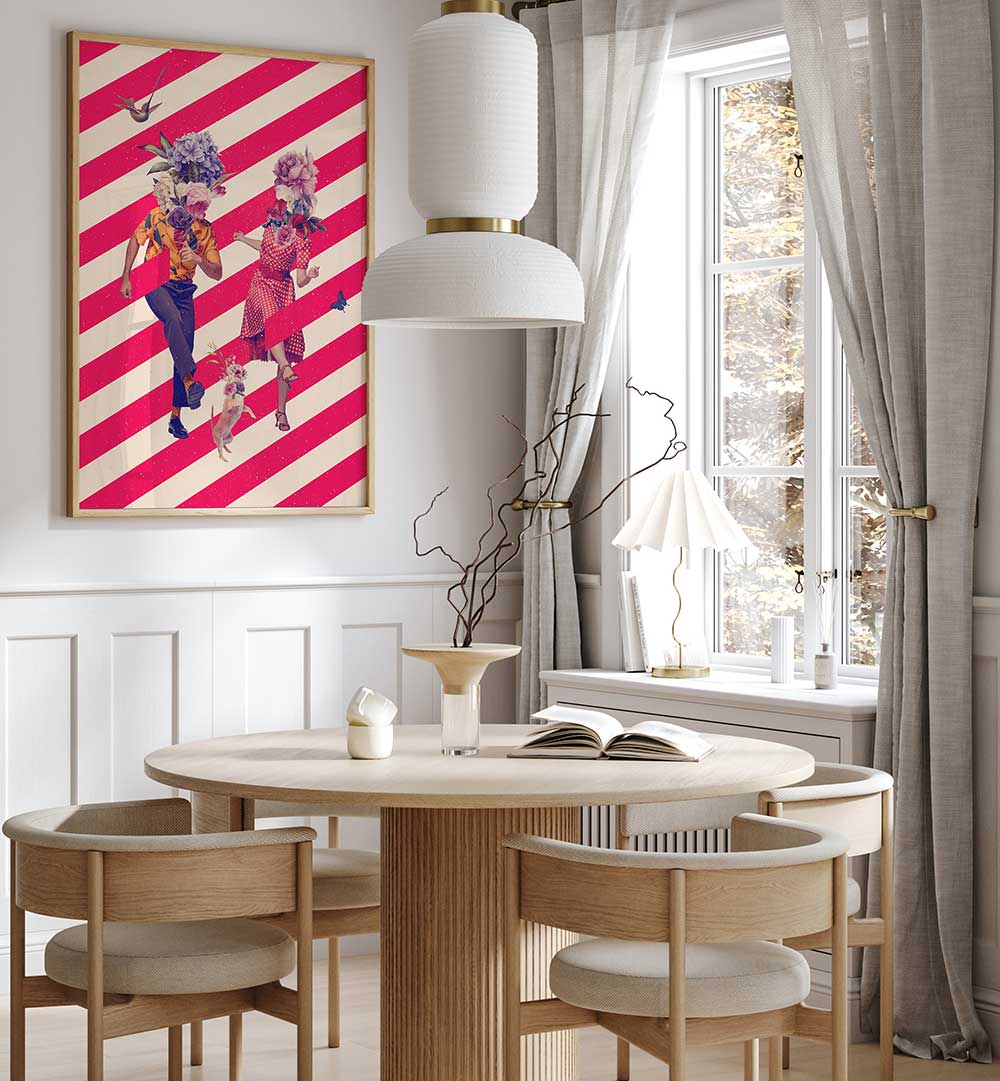 Colorful PARTY TIME, SURREAL ART PRINTS brighten a modern dining space with playful designs and vibrant decor.