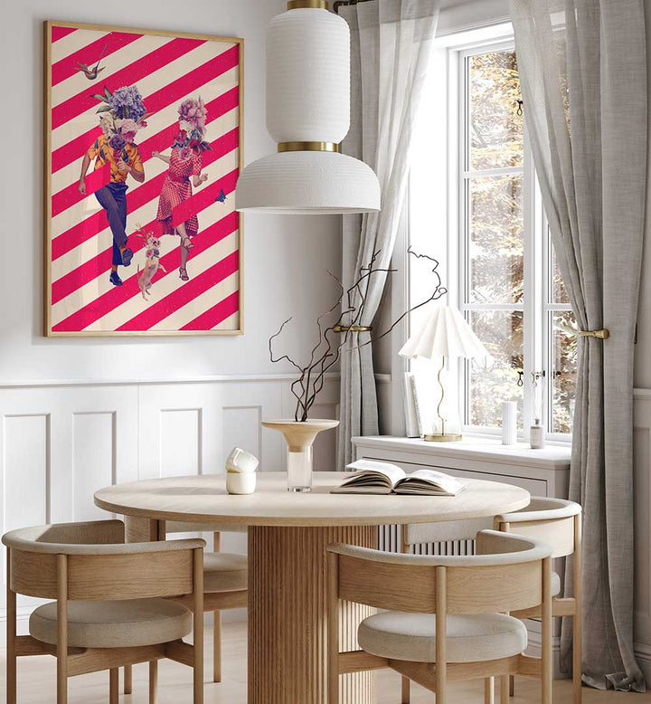 Colorful PARTY TIME, SURREAL ART PRINTS brighten a modern dining space with playful designs and vibrant decor.