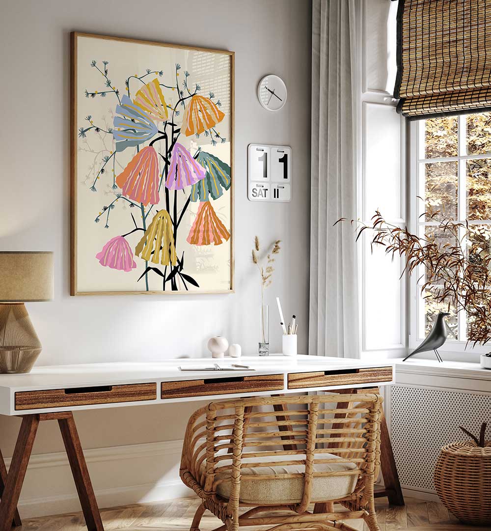 Vibrant MATISSE COLORFUL BLOOMING, FLORAL FLOWER PAINTINGS brighten up this modern workspace with nature's beauty.