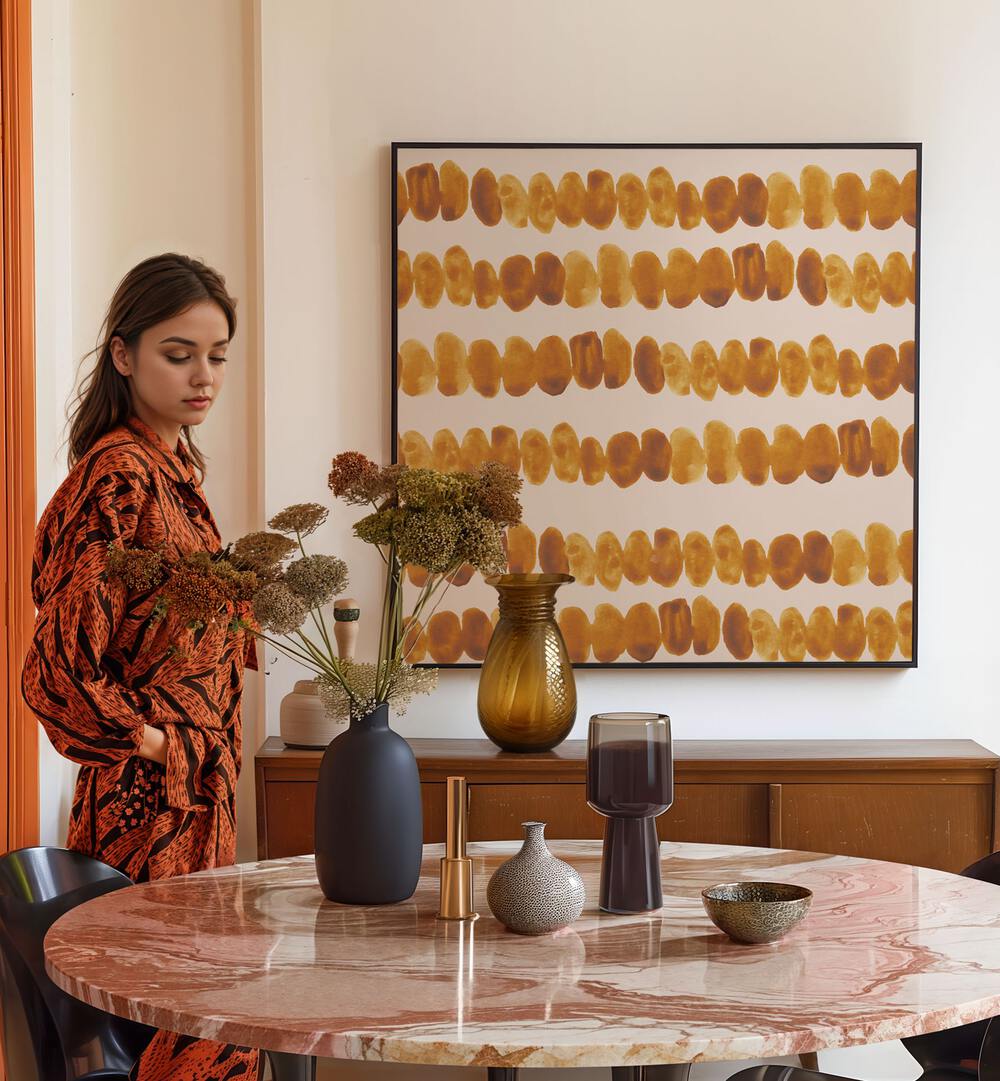 Brightly colored abstract painting complements the elegant WATERCOLOUR TILE X, adding creativity to home decor.