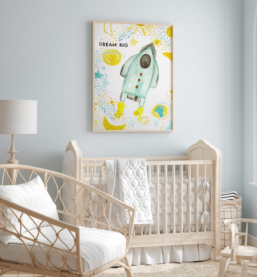 Colorful DREAM BIG, KIDS ROOM PAINTINGS adorn a nursery wall, inspiring creativity and imagination in children's spaces.